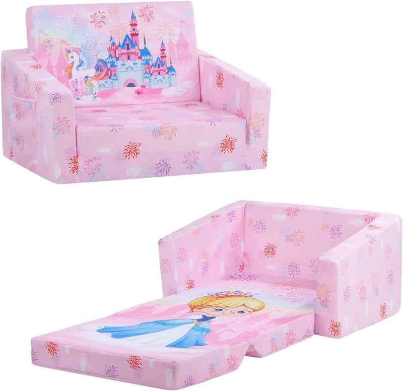 Decalsweet Foldable Kids Sofas Couch 2 in 1 Children Convertible Sofa to Lounger Flip Open Toddlers Sofa Bed - Image 1